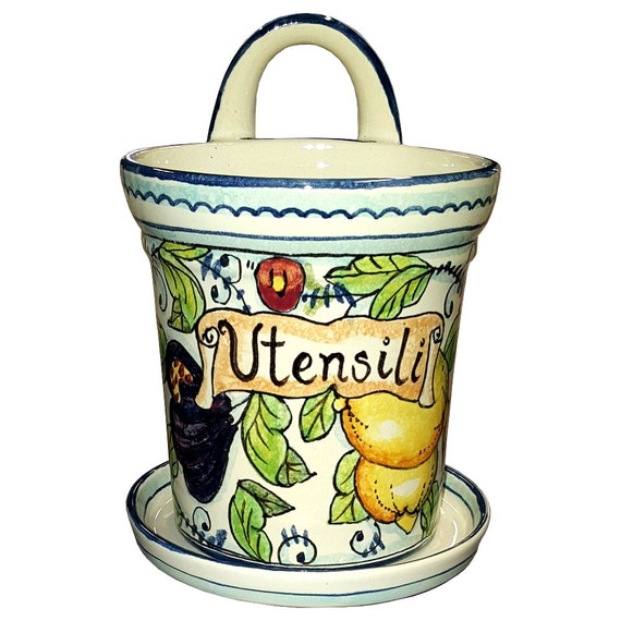 Italian Ceramic Utensil Holder Vessel Hand Painted Decorated
