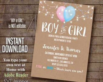 Gender Reveal invitation, Gender Reveal party, Balloons gender reveal, Instant Download Self Editable PDF file A491