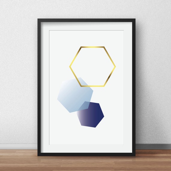 Blue Hexagon Wall Print Navy Geometric Art Gold Geometric