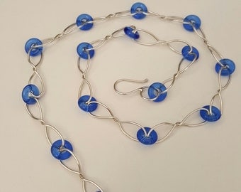 Handmade Sterling Silver Necklace with Cobalt Blue Czech Glass Beads Links