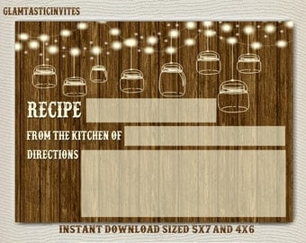 Recipe Card, Rustic Recipe Card, Rustic String Lights, Bridal, Baby Shower, Bridal Shower, Mason Jar, Floral, String lights, Printable