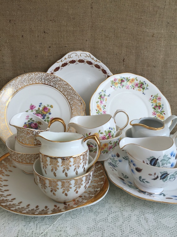 Job Lot Vintage China - 15 Mix and Match China Cake Plates, Creamer Milk Jugs, China Sugar Bowls for Weddings, Events, Cafes and Tea Parties