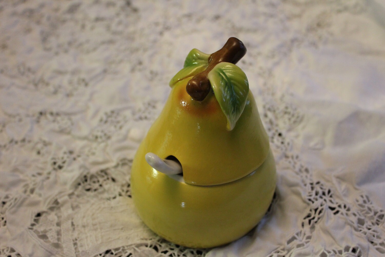 Vintage Pear Shaped Jelly Dish with Spoon Condiment Dish Haute Juice