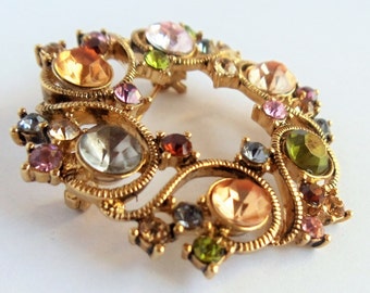 Vintage Monet Rhinestone Brooch, Multicolor Rhinestones Pin Brooch, Ribbon Gold Tone Pin Brooch, Monet Pin Brooch, Monet Jewelry, 1970s'