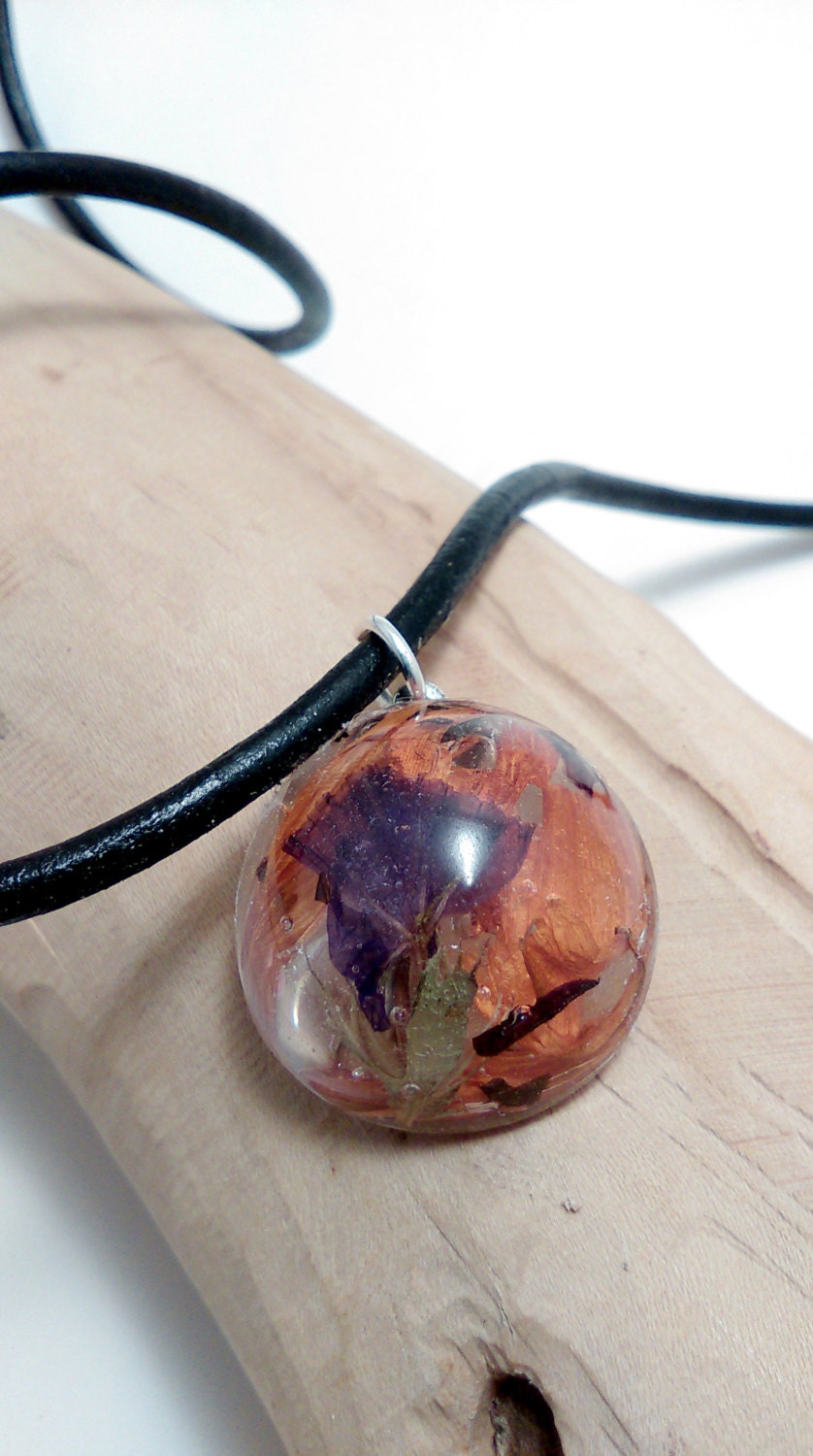 Adjustable Black Leather Slip Knot Necklace with Resin Pendant