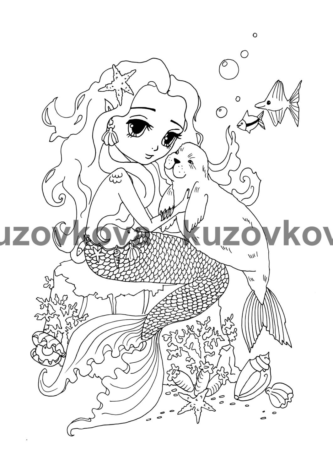 Coloring page The Mermaid and Sea cat by KuzovkovaArt on Etsy