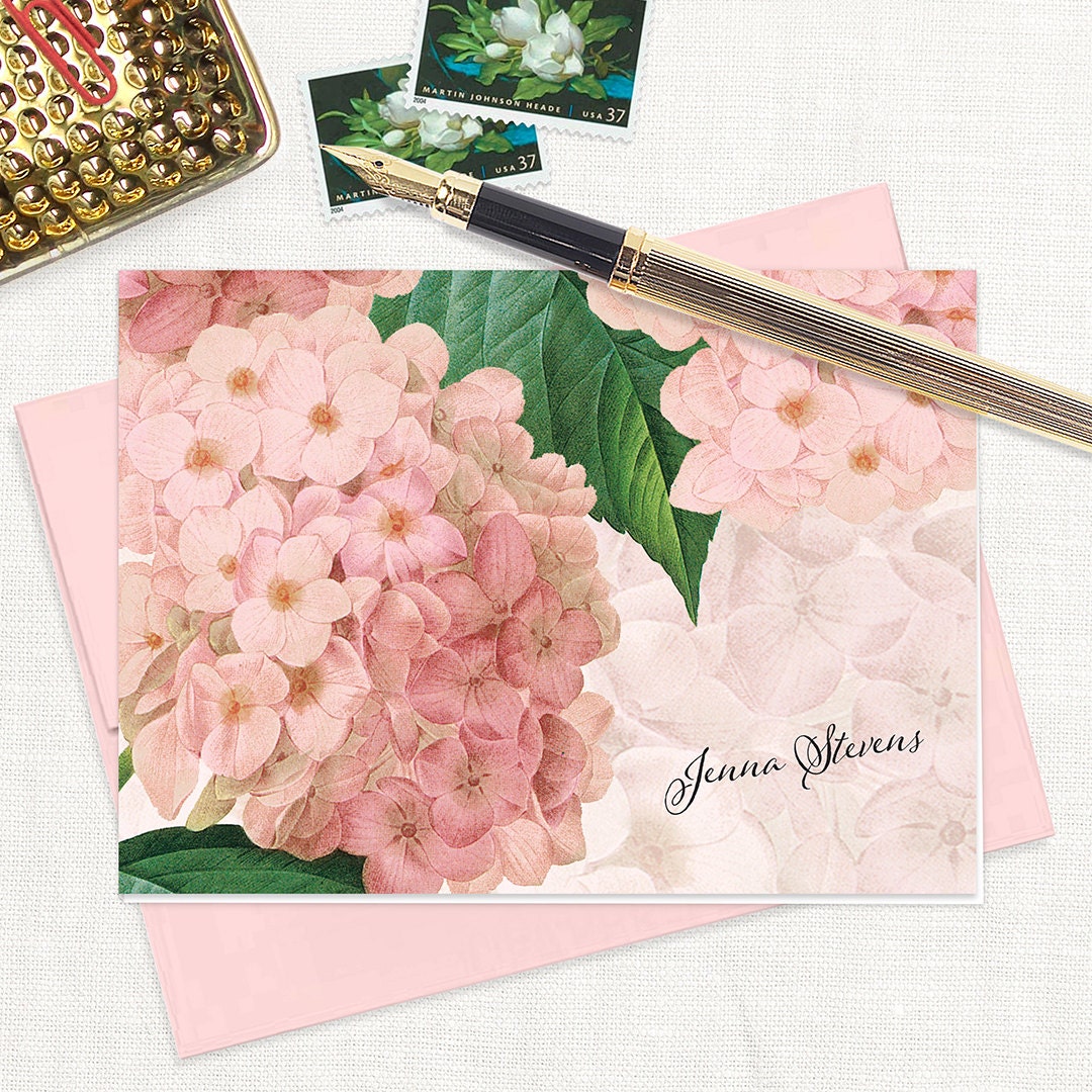 personalized stationery set - PINK HYDRANGEA - set of 8 folded note cards - floral stationary - botanical flowers - pink envelopes