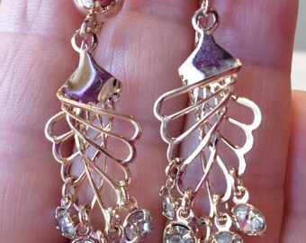 Vintage Gold Tone and Rhinestones Modernist Dangle Earrings.
