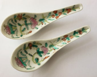 antique Chinese porcelain spoons famille rose wax seals PAIR 19thc oriental porcelain Chinese Porcelain
