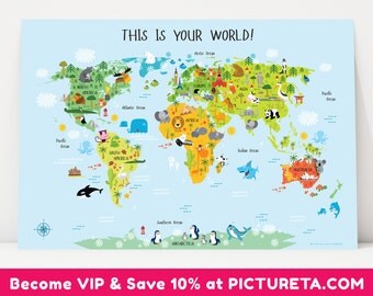 Unique Baby Gift, Children’s World Map Poster, Nursery Decor, Playroom Art. Gift for Kids, Christmas Gift, Nursery Wall Art, Australia, USA