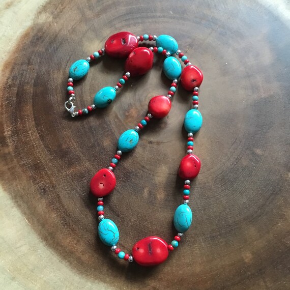Items similar to Red and Turquoise Beaded Necklace, Bohemian Necklace ...
