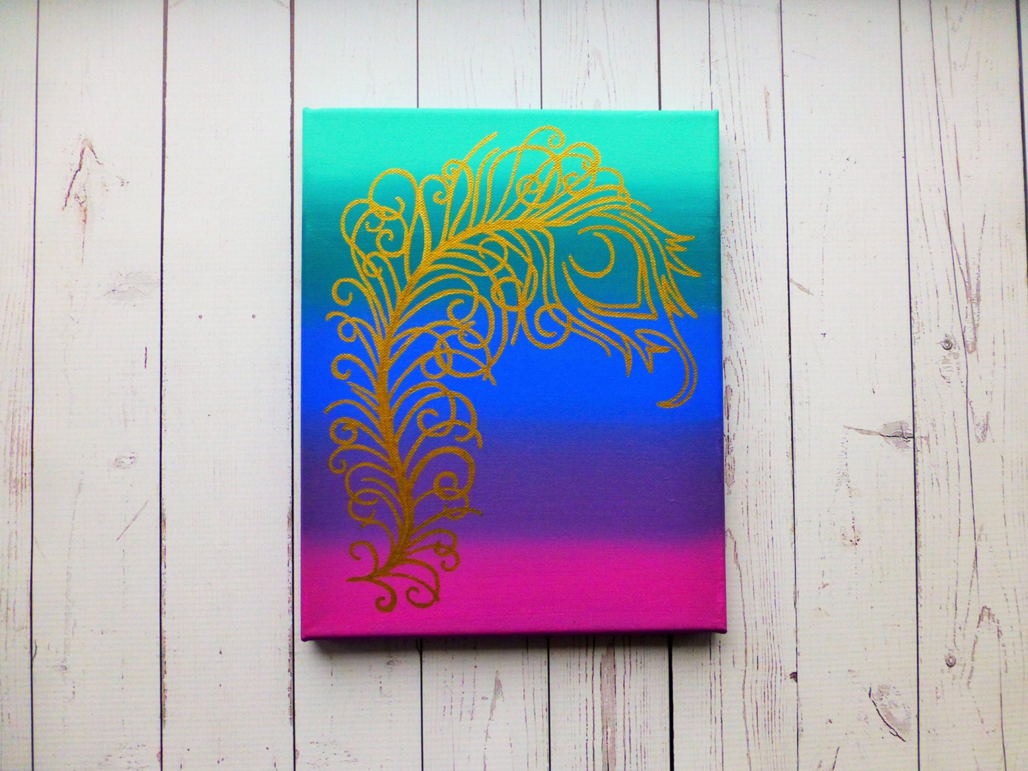 Peacock Wall Art Feather Canvas Ombre Painting Gold Feather