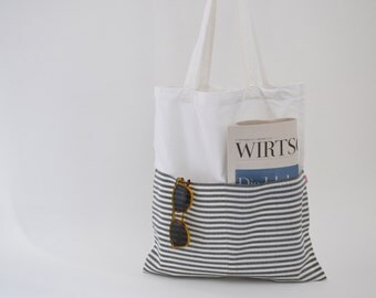 Jute Bag/Cotton Bag, Bag white, black and white stripes, Cotton bag