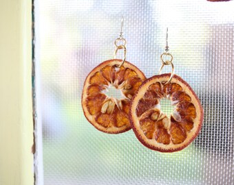 Real fruit earrings with seeds, clementine earrings, dried orange jewelry