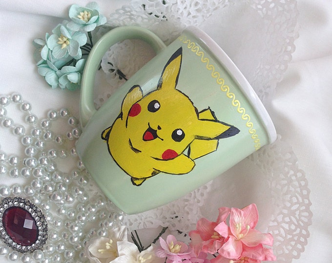 Hand painted mugs, ceramic mug, painting coffee mugs, hand painted coffee cup, decorating mug, tea mug, unique coffee mug, Pikachu, Pokemon