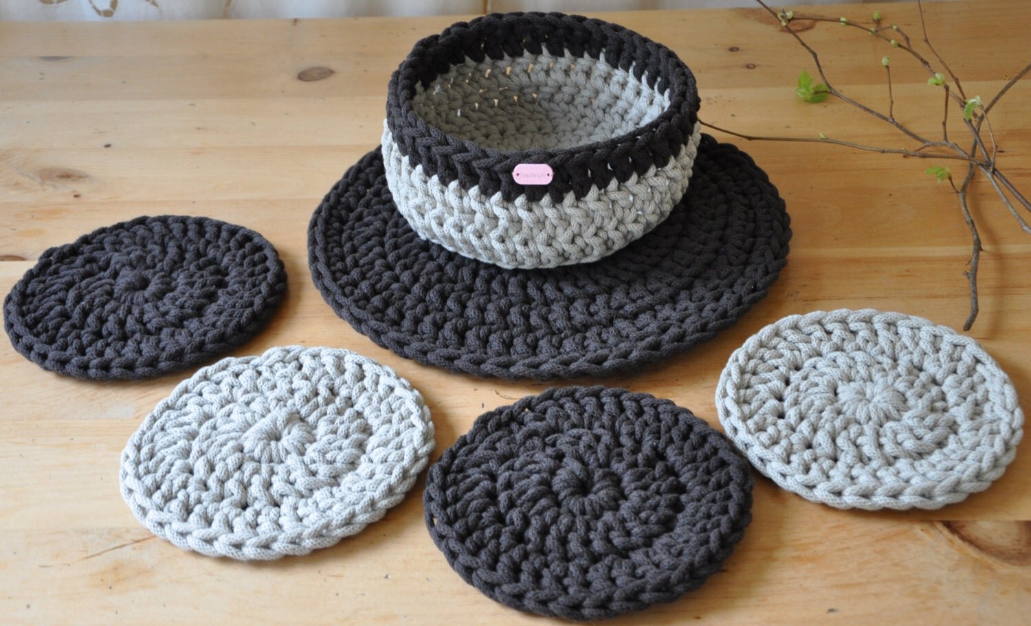 Crochet Coasters & Basket Set by ThoughtsofHomeDecor on Etsy