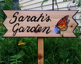 Personalized Garden Sign, Custom Wood Garden Sign, Butterfly Garden Sign, approximately 7 1/2"× 20 inches, 20" stake included