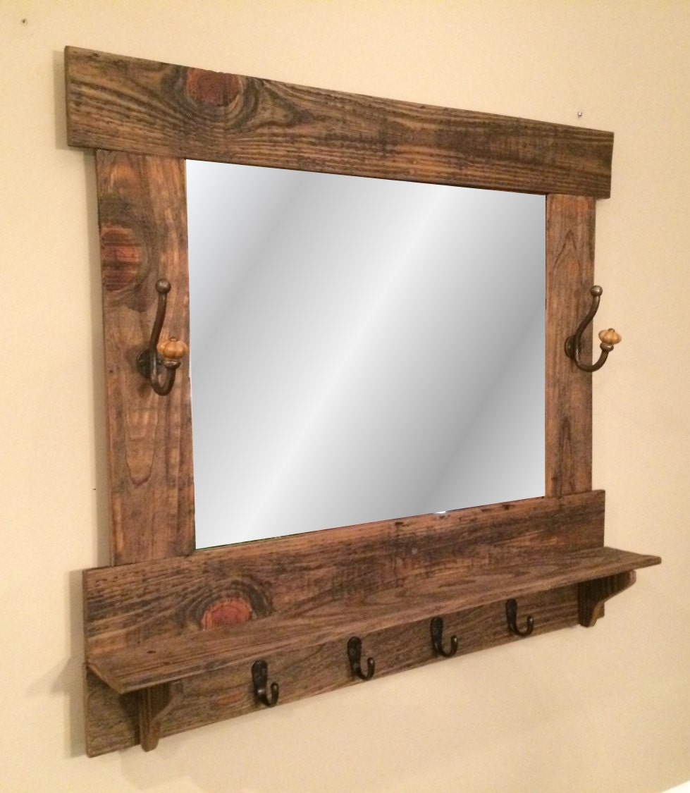 Rustic Mirror With Shelf And Hooks By Szrwoodworks On Etsy