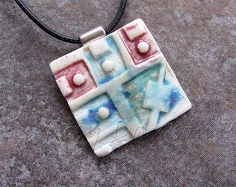 Porcelain pendant, ceramic pendant, red blue green pendant, square pendant, ceramic jewellery, porcelain jewellery