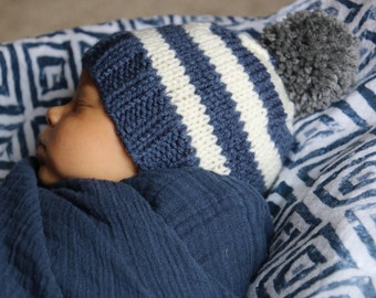 Baby Boy Beanie, Striped Baby Boy Hat, Newborn Knit Hat for Boy, Infant Winter Hat, Pom Pom Hat, Denim Blue and Gray Baby Hat, Baby Boy Gift