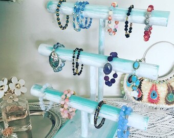 SALE Turquoise and White Wash 3 Tier Pine Jewelry Display | Wood Jewelry Organizer