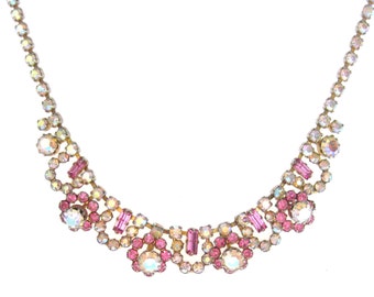 Vintage 1950s Necklace | Vintage Necklace | Aurora Borealis Necklace | Flower Necklace | Statement Necklace | Pink Necklace