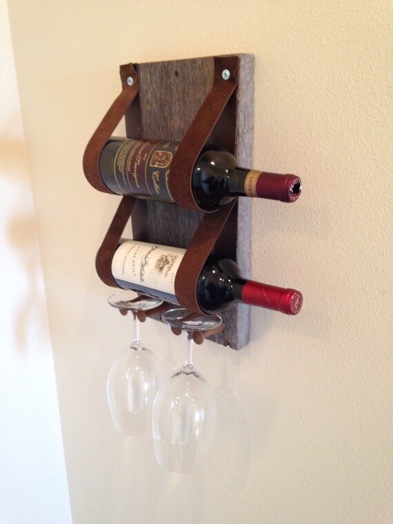 Barn Wood and Leather Wine Rack Holder Display by BarnwoodByTom