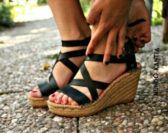 Wedge cross straps.Esparto wedge.Leather natural espadrille. High wedge heel espadrilles.