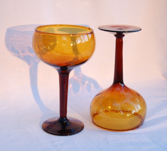 2 Vintage Champagne Coupe Glasses Amber Colored Glass 60s