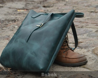 Large leather tote bag Leather tote bag Leather bag Tote bag Green leather tote Green leather bag Leather handbag Leather Shoulder bag