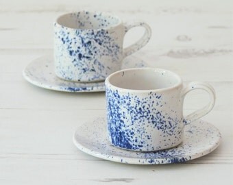 Handmade espresso cup and saucer, white glaze, cobalt blue fleck, espresso, pottery, handmade gift, housewarming gift, blue cup, white cup,