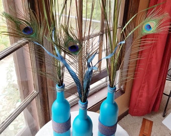 Peacock Feather Wine Bottle Set, Wine Bottle Decor, Twine Wrapped Bottles, Rustic Decor, Hand Painted Bottles, Recycled Bottles