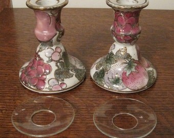 Reduced 20%! Ceramic Candle Holders, Toyo Candle Holders, Pink and Green Candle Holders