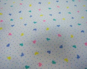 White Flannel Fabric, App 5 Yards,White With Blue, Pink, Yellow and Green Hearts, Back Ground White With Blue Dots