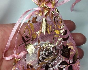 x 13 light pink and gold rose patterned organza bags