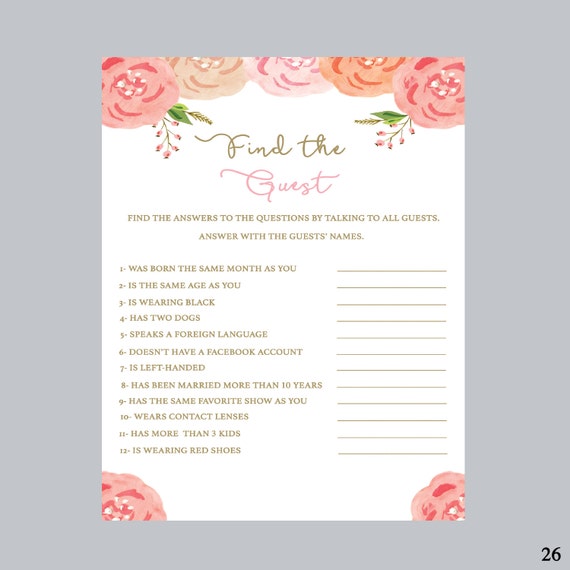 Find The Guest Bridal Shower Game Pink And White Bridal