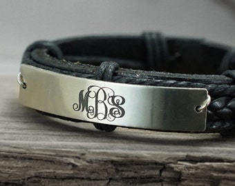 Custom Leather Monogram Bracelet, 3 Initial monogrammed Gift, Engraved Bracelet, Leather Braided Bracelet, Fathers Day Gift, Bridesmaid Gift