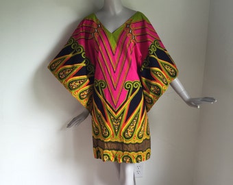 Vtg 70s cotton dashiki african ethnic mini dress caftan Medium