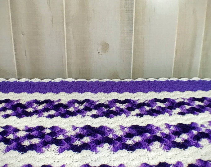Crochet Throw Blanket | Purple White Striped Afghan