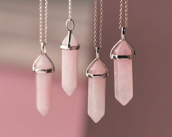 Rose Crystal Point Necklace Rose Quartz Necklace Pendant Quartz Crystal Layering Healing Crystal Yoga Pendant Double Point Necklace