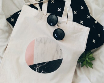 Tote bag marble circle canvas print cotton pink white black geometric minimalist graphic