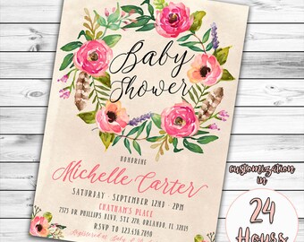 Floral Baby Shower Invitation, Boho Baby Shower Invitation, Girl Baby Shower Invitation, Feather, Watercolor Flower, Bohemian, Book Instead