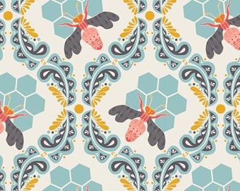 Bumble Bee Fabric | Hive |Bee Sweet Morning | Honey Bee Fabric | Art Gallery | Honeycomb Print | Farm | Bumble | Gold | Teal | Lt Blue | Red