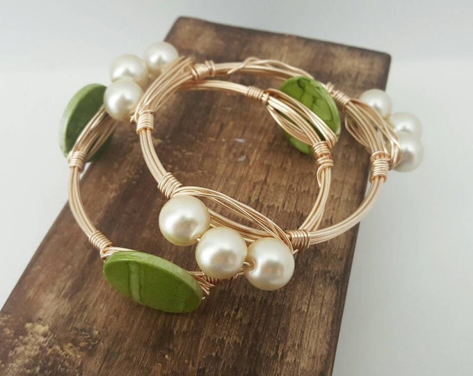 Ivory glass pearl wire wrapped bangle, bracelet, Bourbon and boweties inspired