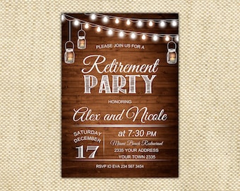 Retirement Invitation. Rustic Retirement Party Invitation. Wood. Fairy Lights.