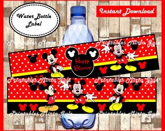 Mickey Mouse Water Bottle Label, printable Mickey party Water Bottle Label, Mickey Mouse water