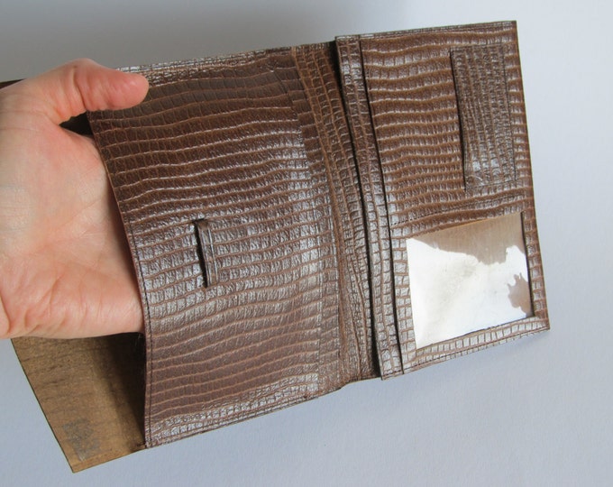 Vintage travel wallet, passport cover, brown leather faux croc travel accessory, train plane auto journey folder, ticket sleeve
