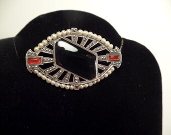 Art Deco Brooch with Onyx, Carnelian, Marcasite-Made in France