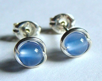 Periwinkle Blue Studs Chalcedony Tiny Studs Earrings Wire Wrapped in Sterling Silver Post Earrings