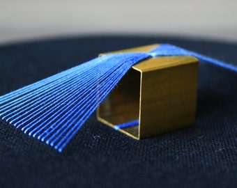 Cubus Wall Wear - modern minimal geometric 3D embroidery brass cube thread blue black decor wall hanging hoop